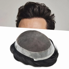 Toupee For Men Hair Replacement System Real Human Hair Piece For Men Swiss Lace Mens Toupee Hair Pieces Hair System For Men 8x10 100% light to medium density1# JET BLACK