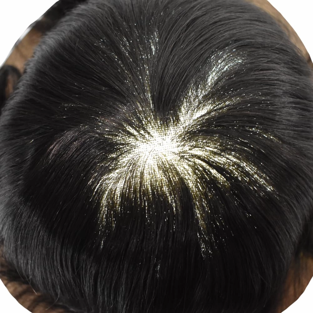 Toupee For Men Hair Replacement System Real Human Hair Piece For Men Swiss Lace Mens Toupee Hair Pieces Hair System For Men 8x10 100% light to medium density1# JET BLACK