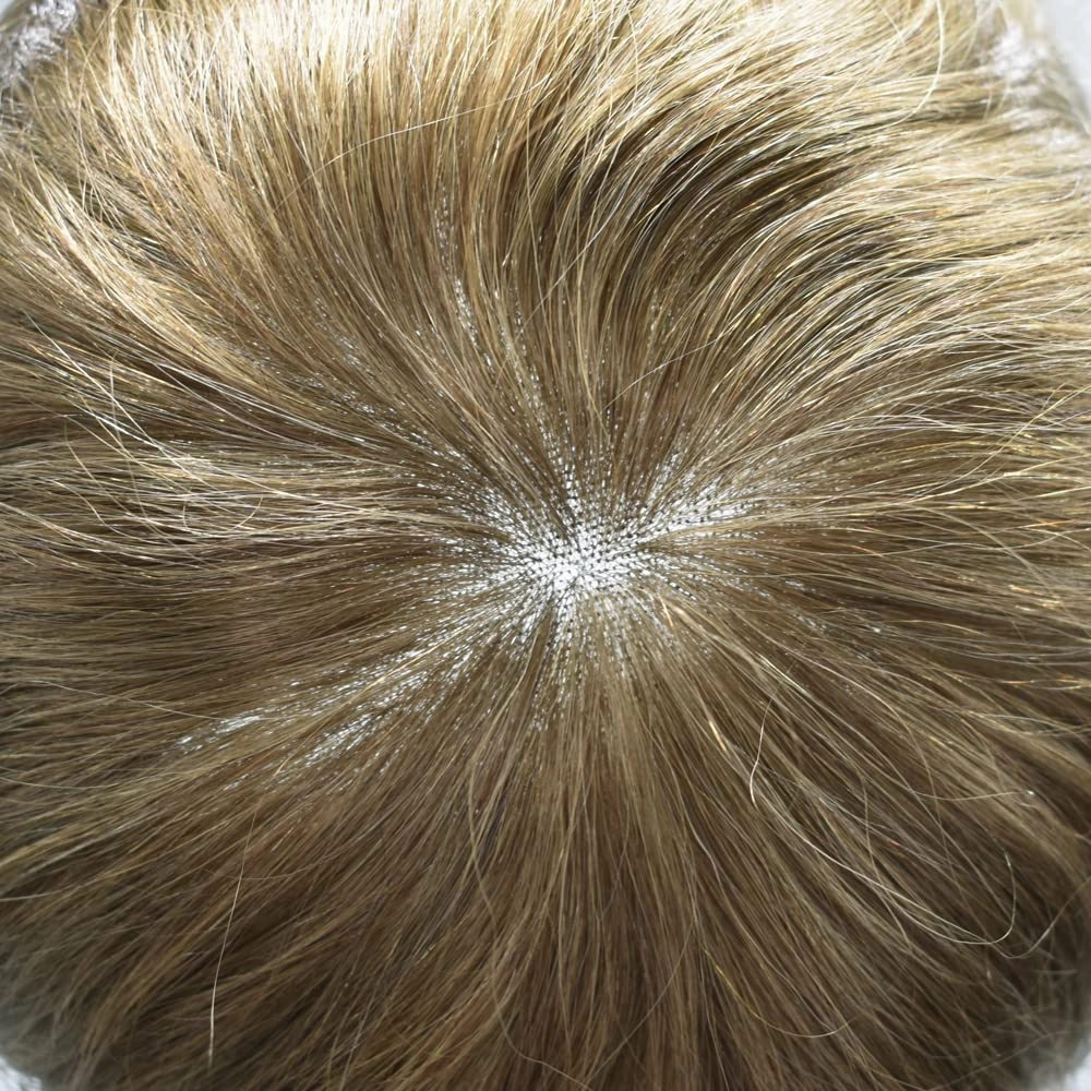 Toupee Hair for Men 100% European Human Hair Pieces Durable Fine Monofilament Mens Toupee Hairpiece Replacemnt System for Mens Hair Prosthesis Protesis Capilar 6X8#18 Medium Blonde