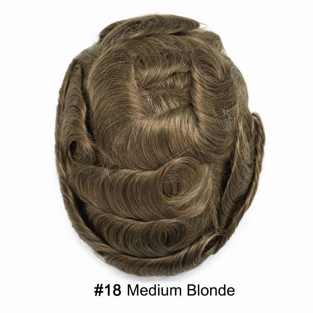 Toupee Hair for Men 100% European Human Hair Pieces Durable Fine Monofilament Mens Toupee Hairpiece Replacemnt System for Mens Hair Prosthesis Protesis Capilar 6X8#18 Medium Blonde