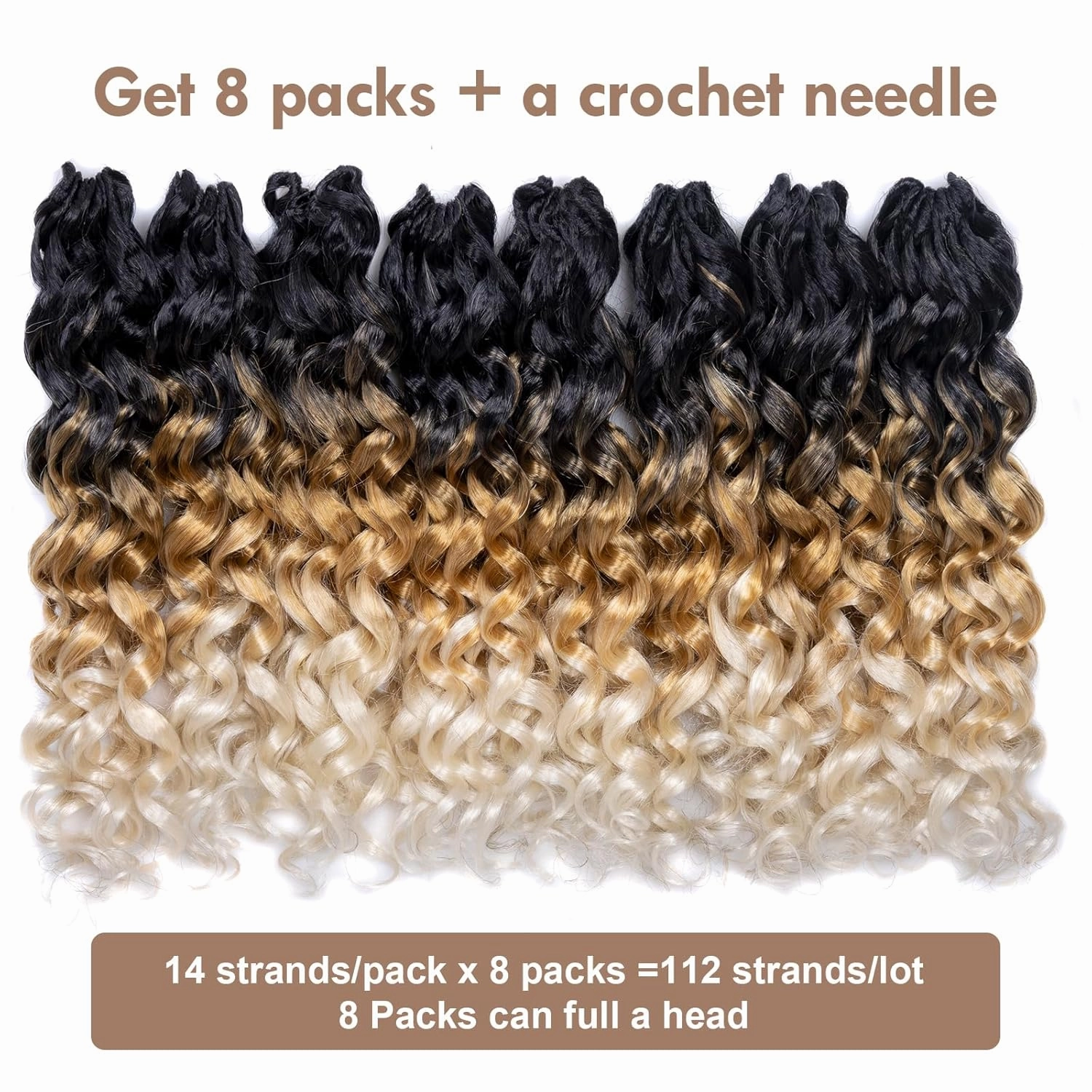 ToyoTress GoGo Curl Crochet Hair - 14 Inch 8 Packs Ombre Blonde Beach Curl Crochet Hair, Short Curly Ocean Wave Water Wave Deep Twist Crochet Braids Synthetic Braiding Hair (14 Inch, OT27/613)