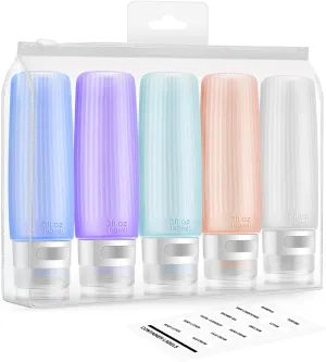 Travel Bottles for Toiletries, 3 OZ Tsa Approved Travel Size Containers with Labels, Silicone Leak Proof BPA Free Squeezable Travel Essentials for Shampoo, Conditioner,Lotion (5 Pack)