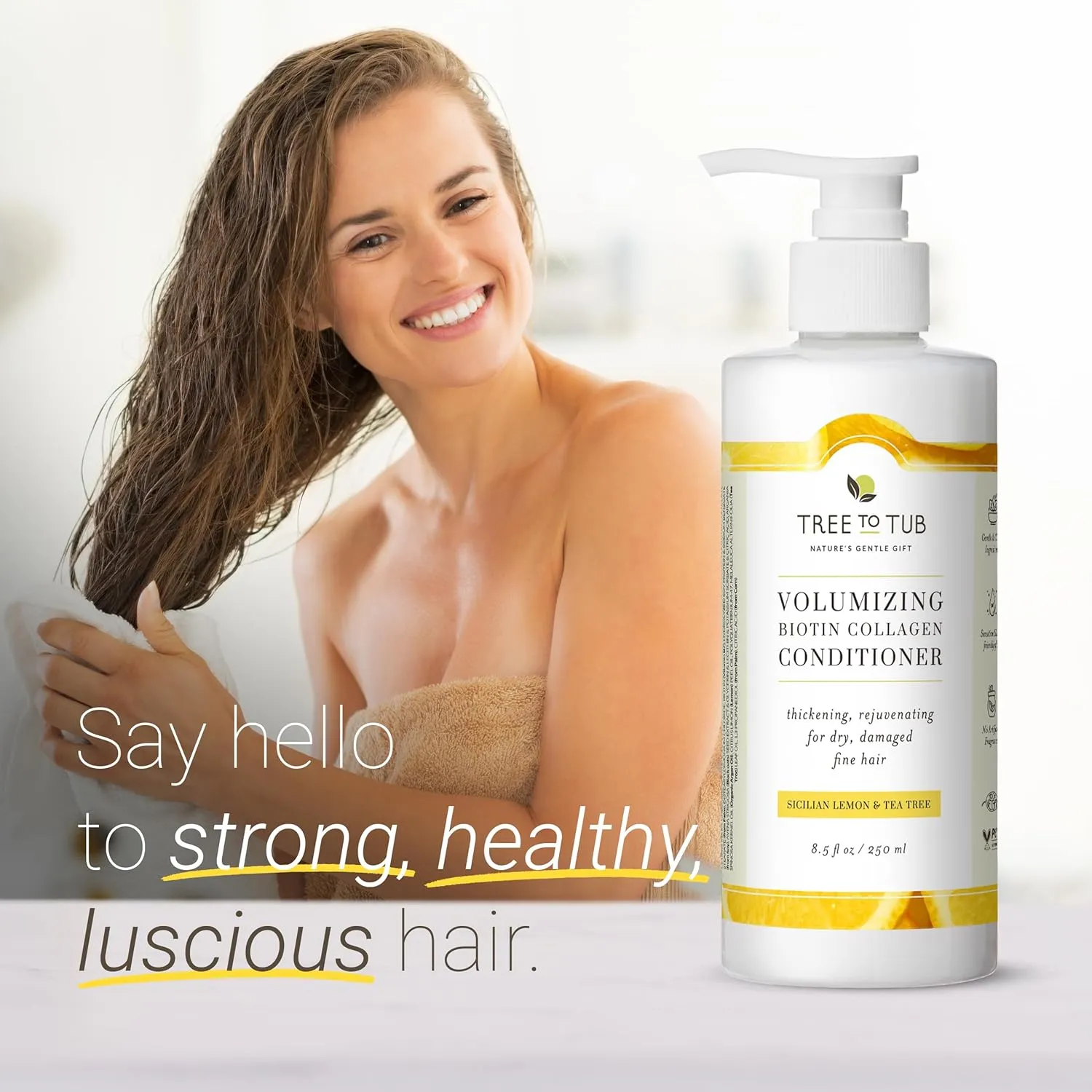 Tree to Tub Vegan Biotin and Collagen Conditioner for Dry, Damaged Hair - Volumizing Sulfate Free Fine Hair Thickening Conditioner for Women & Men w/Organic Argan Oil, All Natural Lemon, Tea Tree Oil