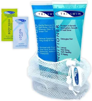 TRISWIM Hair Care Gift Set | Chlorine Shampoo and Conditioner for Swimmers, 8.5 fl oz | Paraben-Free with Aloe Vera and Chamomile | Restores Chlorine-Damaged Hair | Includes Body wash & Lotion Samples