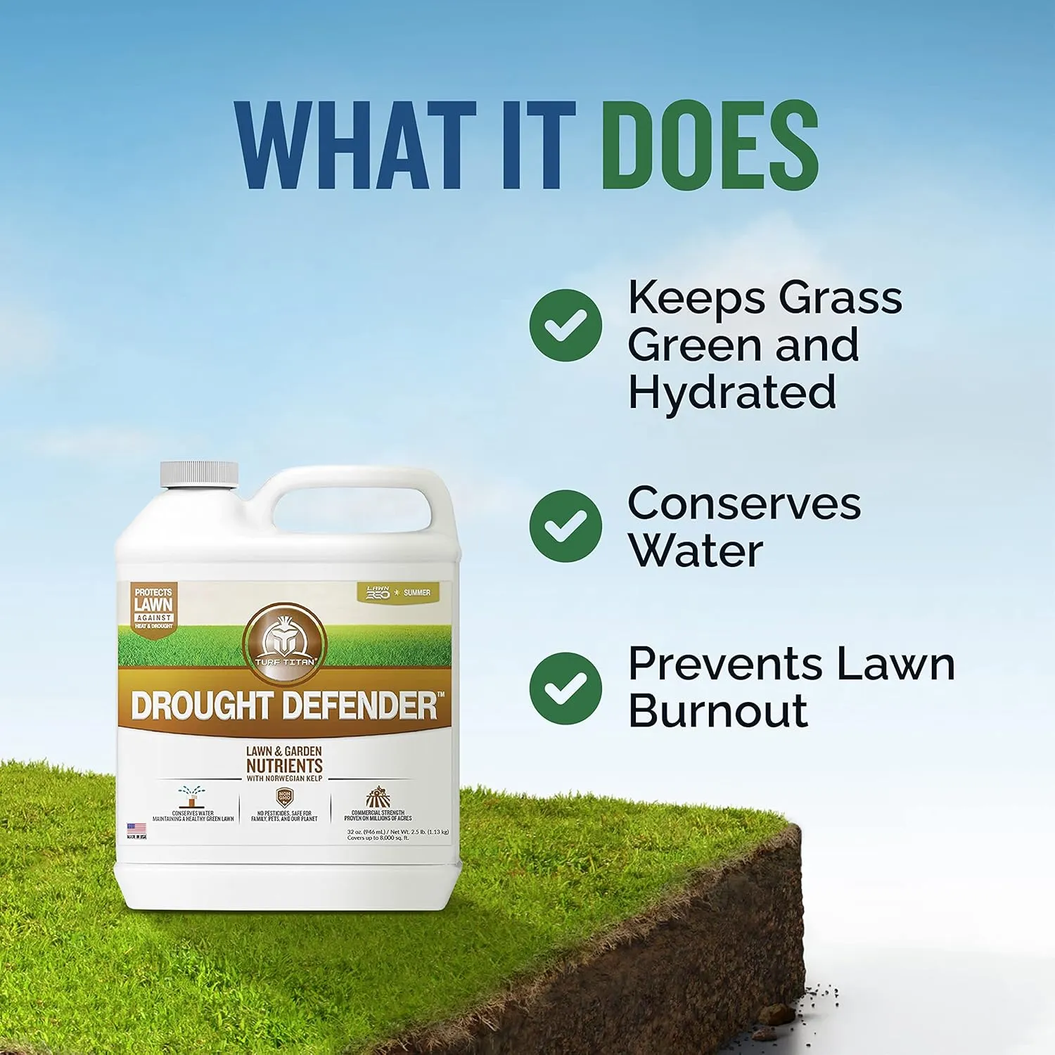 Turf Titan Drought Defender Hose End - Shields Heat and Nutrient Rich Plant Food - Ideal Summer Soil Liquid Fertilizer Promoting Healthy Green, Water-Conserving Turf Grass - Covers up to 8,000 Sq Ft