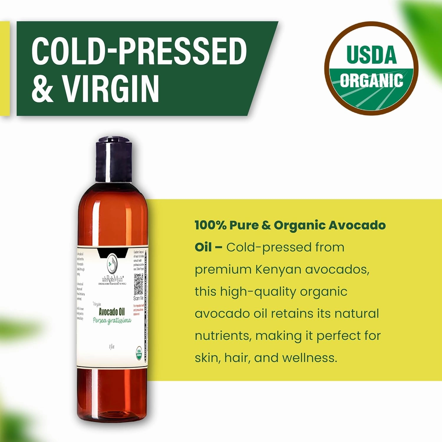 uh*Roh*Muh Premium Organic Avocado Oil – Cold-Pressed & Virgin | Pure Avocado Hair Oil, Hydrating & Moisturizer for Skin & Hair | Rich in Vitamins & Antioxidants | Cooking & Aromatherapy Use | 8 Fl Oz