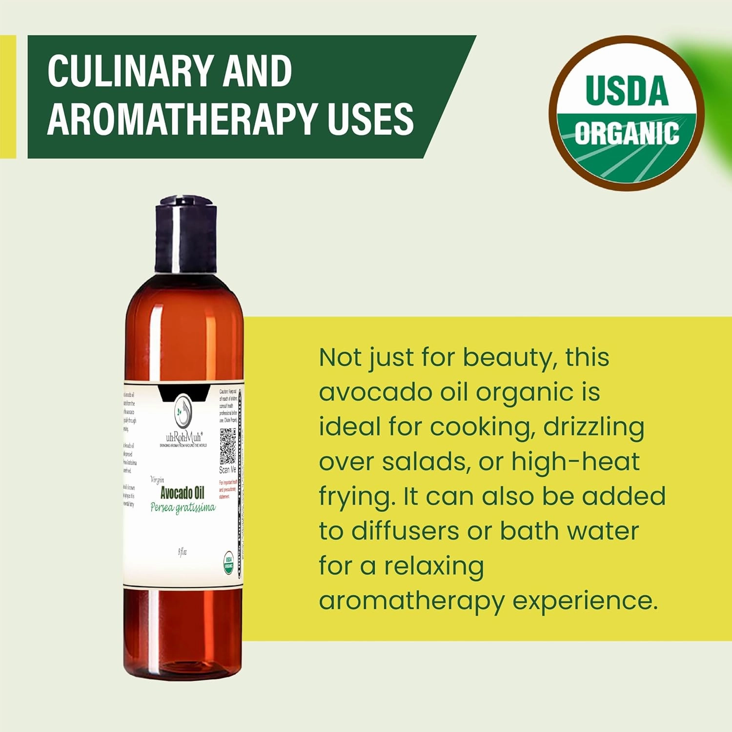 uh*Roh*Muh Premium Organic Avocado Oil – Cold-Pressed & Virgin | Pure Avocado Hair Oil, Hydrating & Moisturizer for Skin & Hair | Rich in Vitamins & Antioxidants | Cooking & Aromatherapy Use | 8 Fl Oz