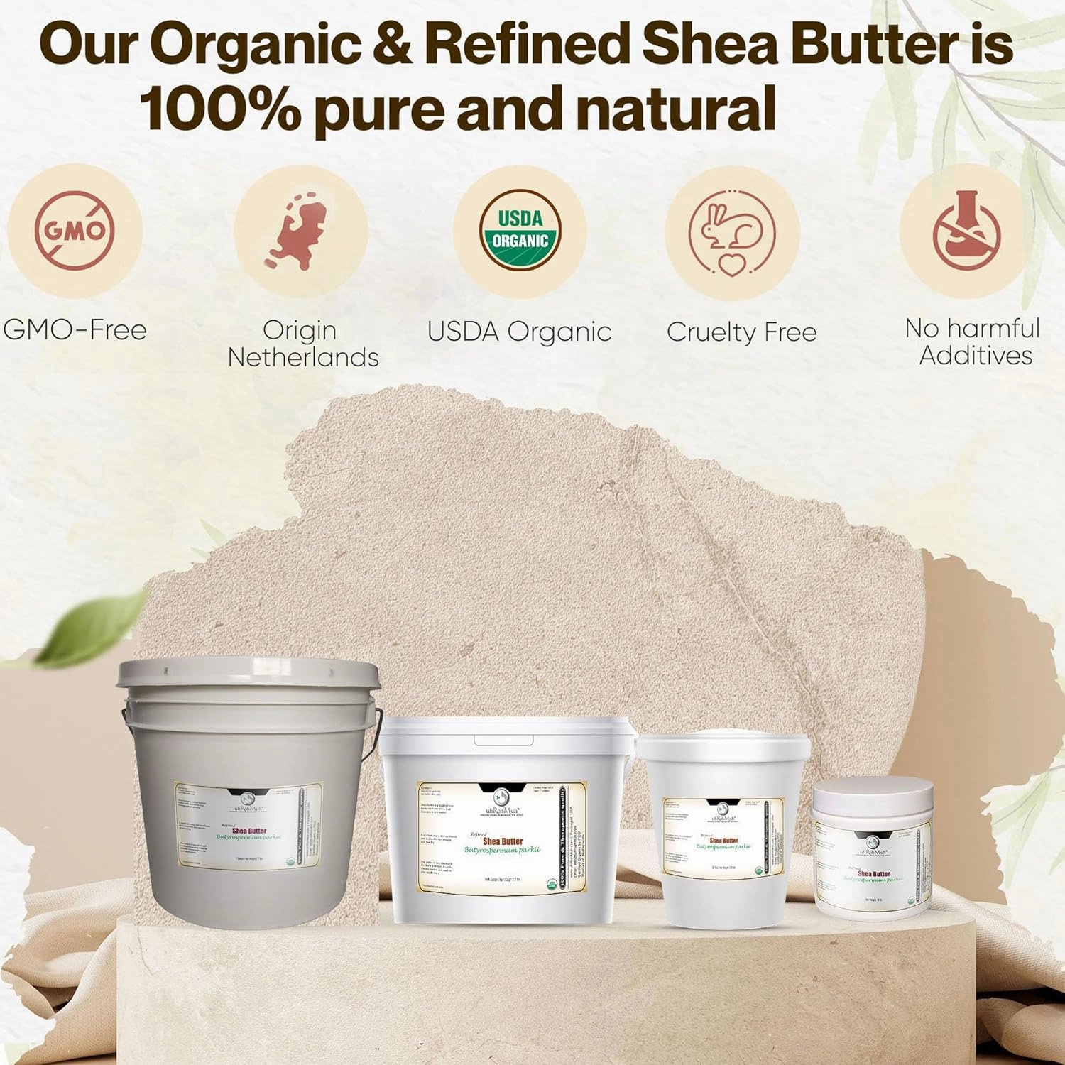 uh*Roh*Muh USDA Certified 1 Gallon Shea Butter from the Netherlands | Refined, Nourishing Body Butter for Smooth and Healthy Skin | (Net Wt. 3.5 kg / 7.7 lb)