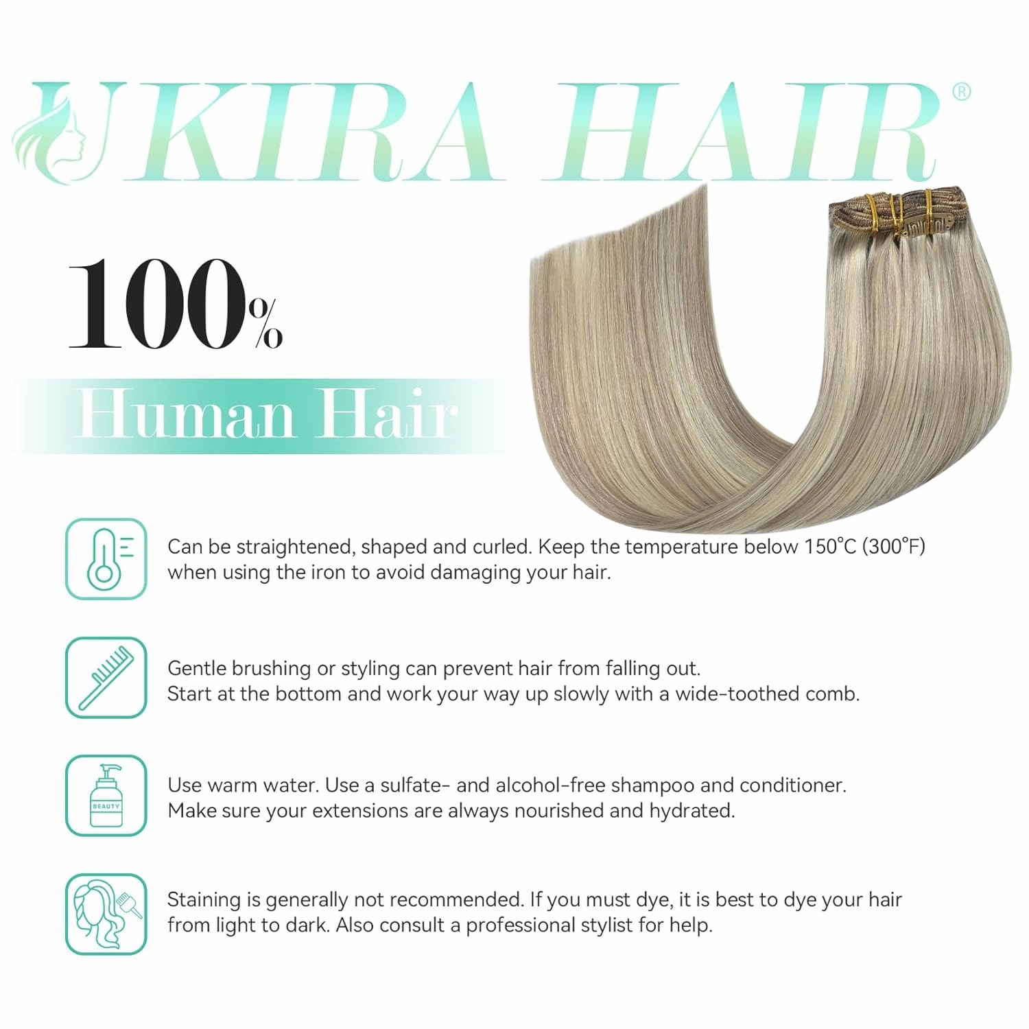 Ukira Ash Blonde Clip in Hair Extensions Real Human Hair, 15 Inch 70g 7pcs 18/613 Mixed Bleach Blonde Hair Extensions Remy Human Hair Clip in Extensions for Women, Natural Straight Remy Human Hair