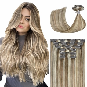 Ukira Highlighted Hair Extensions Real Human Hair, 16 Inch 120g 7pcs 18/60 Blonde Clip in Hair Extensions Ash Blonde Mixed Bleach Blond, Soft Straight Remy Human Hair Clip in Extensions for Women