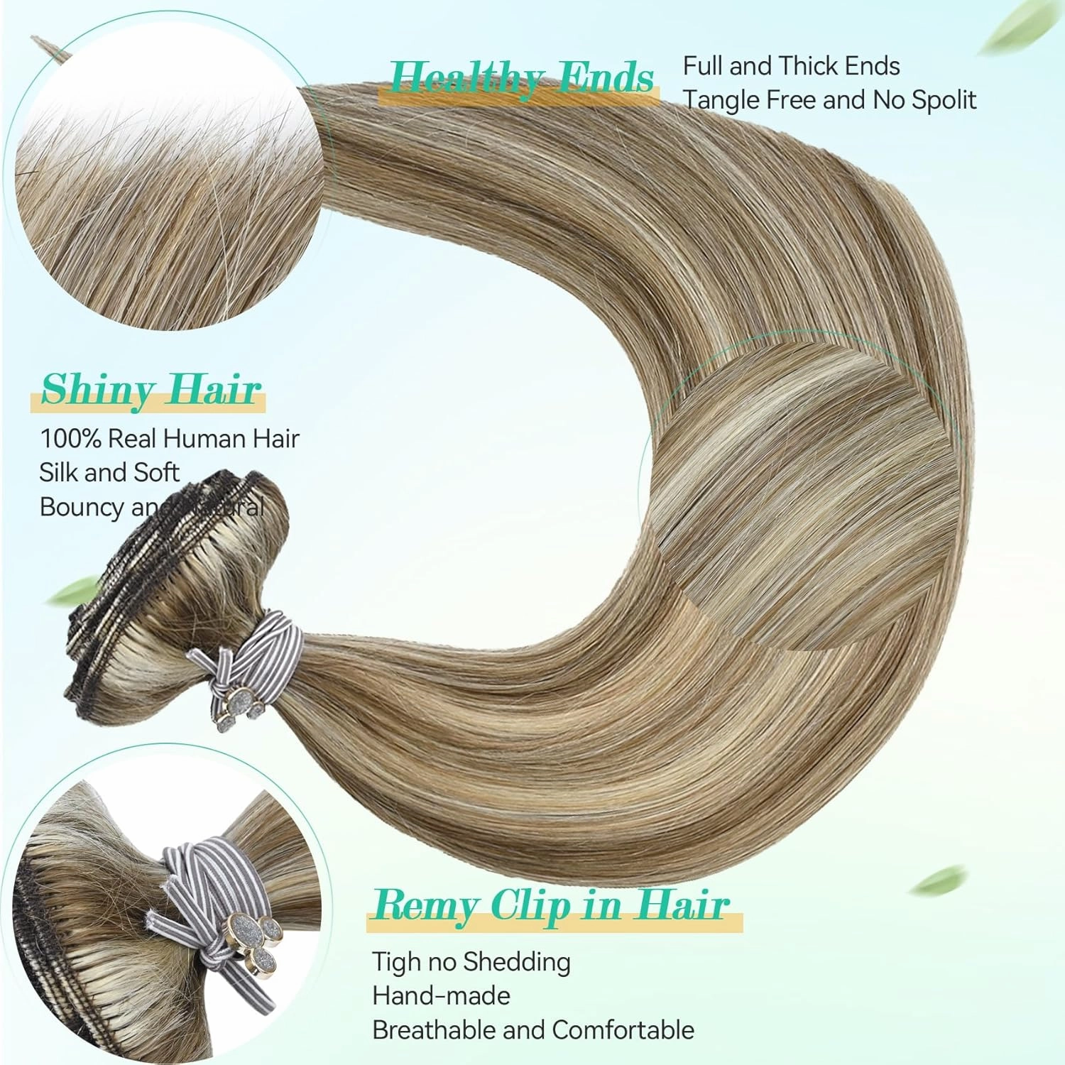 Ukira Highlighted Hair Extensions Real Human Hair, 16 Inch 120g 7pcs 18/60 Blonde Clip in Hair Extensions Ash Blonde Mixed Bleach Blond, Soft Straight Remy Human Hair Clip in Extensions for Women