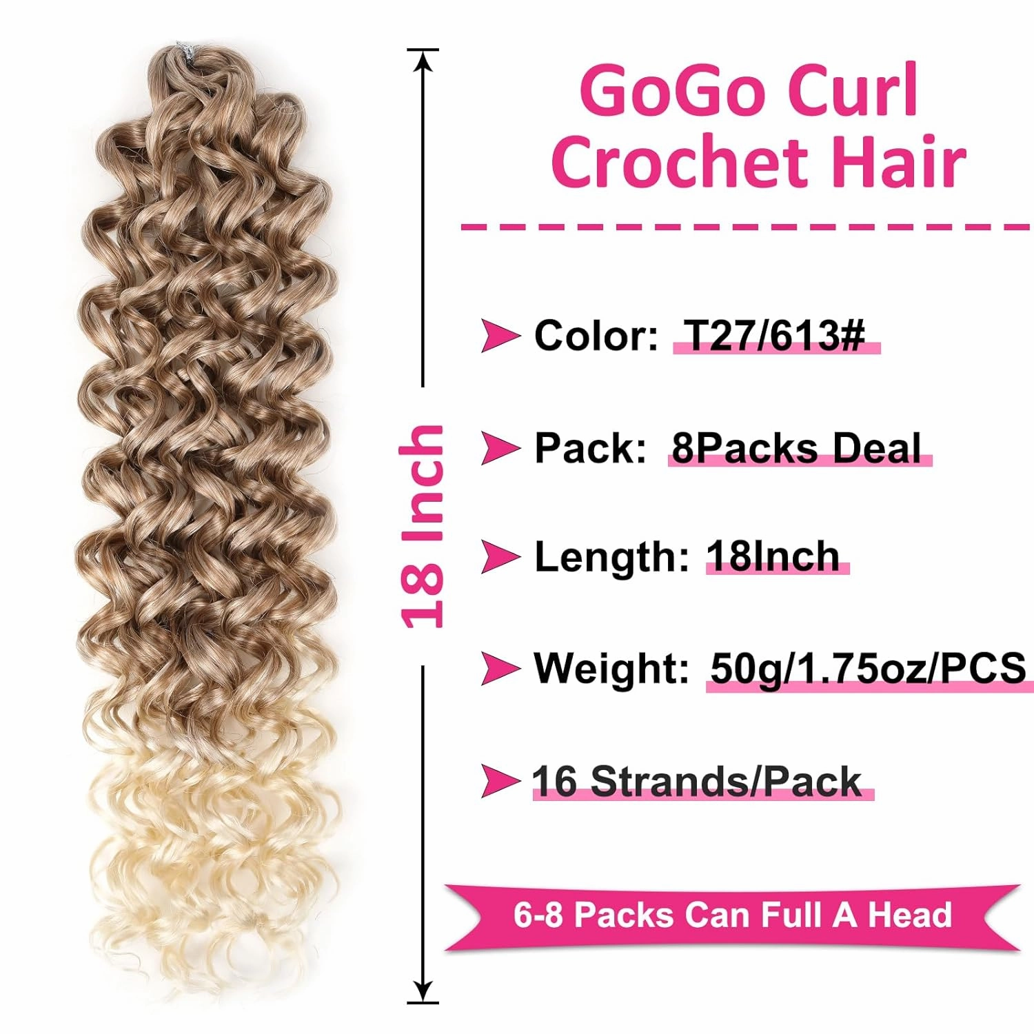 Unionbeauty 8 Pack GoGo Curl Beach Curl Curly Crochet Hair - Ocean Wave 18 Inch Water Wave - Ombre Blonde Synthetic Curly Braiding Hair Extension T27/613#