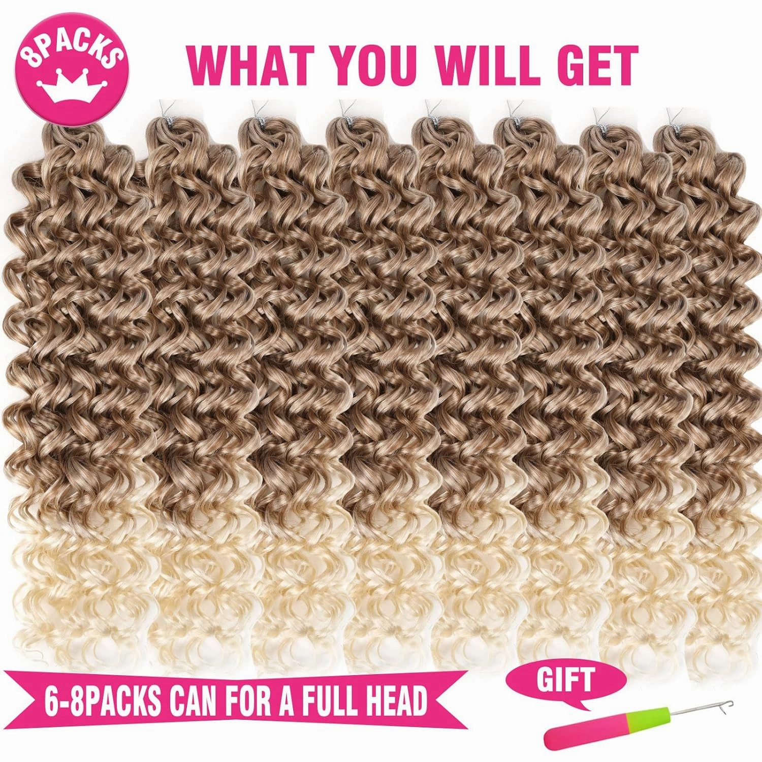 Unionbeauty 8 Pack GoGo Curl Beach Curl Curly Crochet Hair - Ocean Wave 18 Inch Water Wave - Ombre Blonde Synthetic Curly Braiding Hair Extension T27/613#