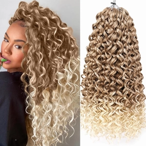 Unionbeauty 8 Pack GoGo Curl Beach Curl Curly Crochet Hair - Ocean Wave 18 Inch Water Wave - Ombre Blonde Synthetic Curly Braiding Hair Extension T27/613#