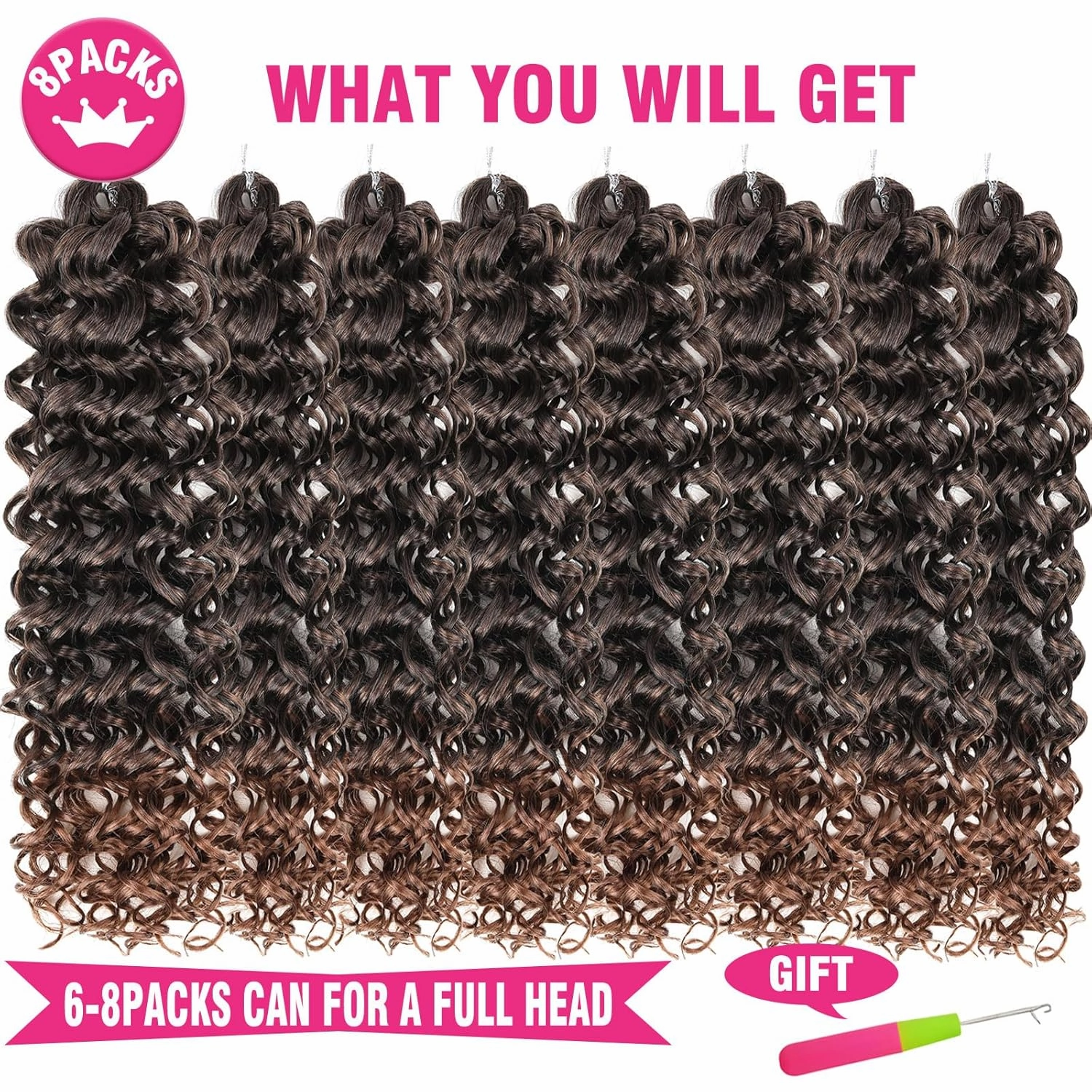 Unionbeauty 8 Packs GoGo Curl Crochet Hair Ocean Wave 18 Inch Water Wave Crochet Hair for Black Women Beach Curl Deep Twist Bohemian Crochet Braids Ombre Synthetic Curly Braiding Hair Extension T30#