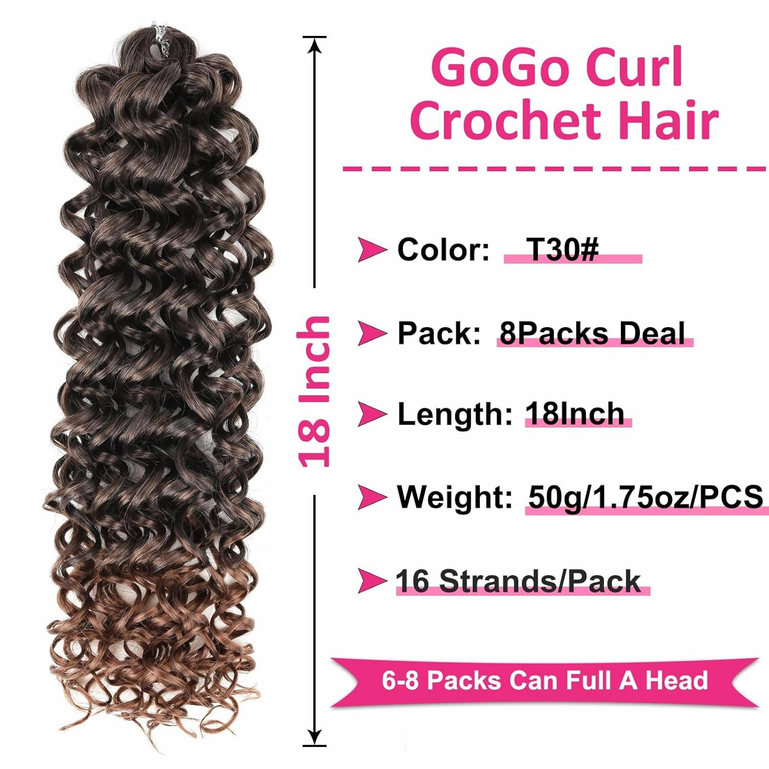 Unionbeauty 8 Packs GoGo Curl Crochet Hair Ocean Wave 18 Inch Water Wave Crochet Hair for Black Women Beach Curl Deep Twist Bohemian Crochet Braids Ombre Synthetic Curly Braiding Hair Extension T30#