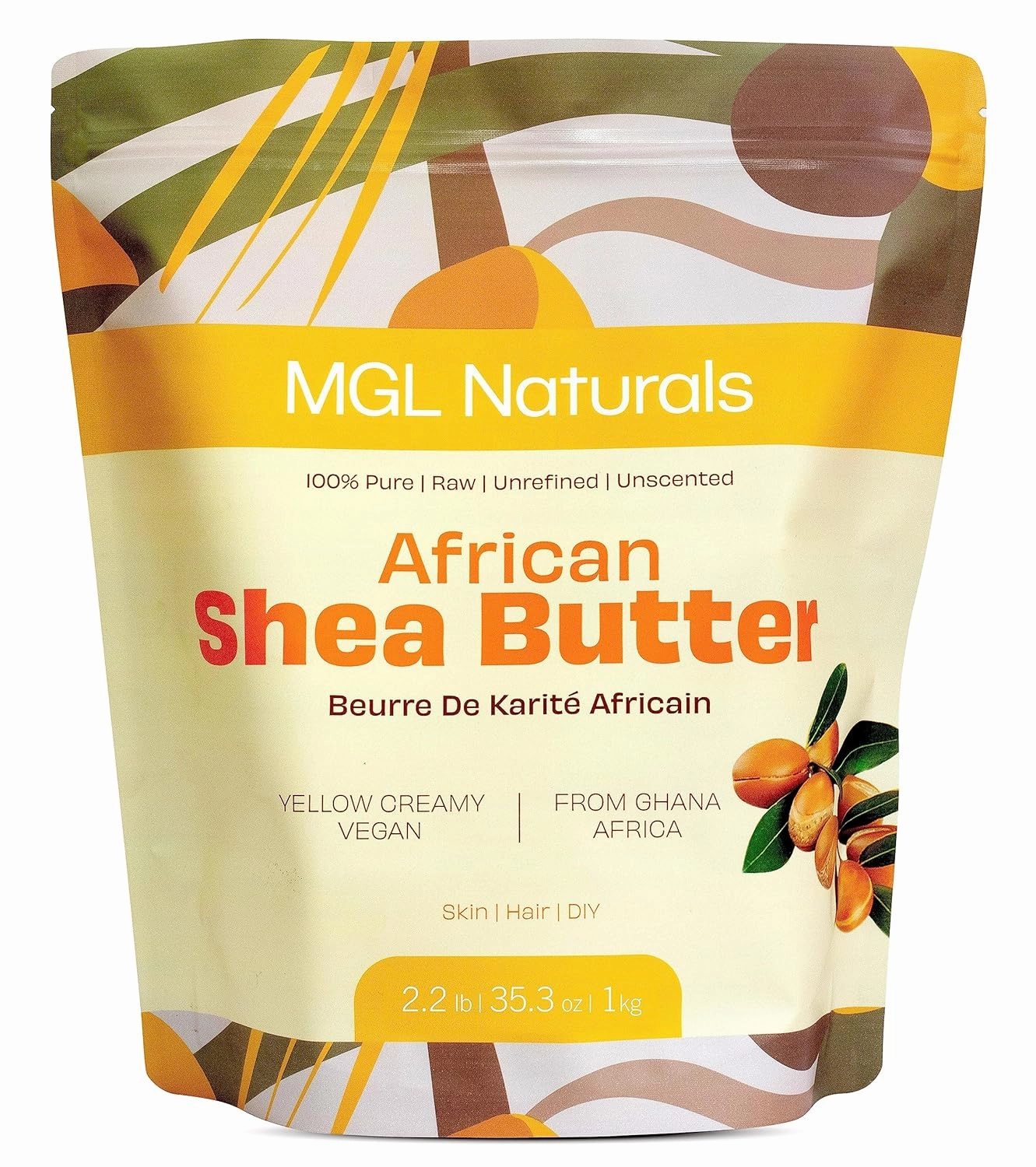 Unrefined African Shea Butter Yellow Creamy 2.2 lb. 100% Pure, Raw, Grade A, Vegan, & Organic. Moisturizing butter for all skin types and hair textures. (2.2 lb)