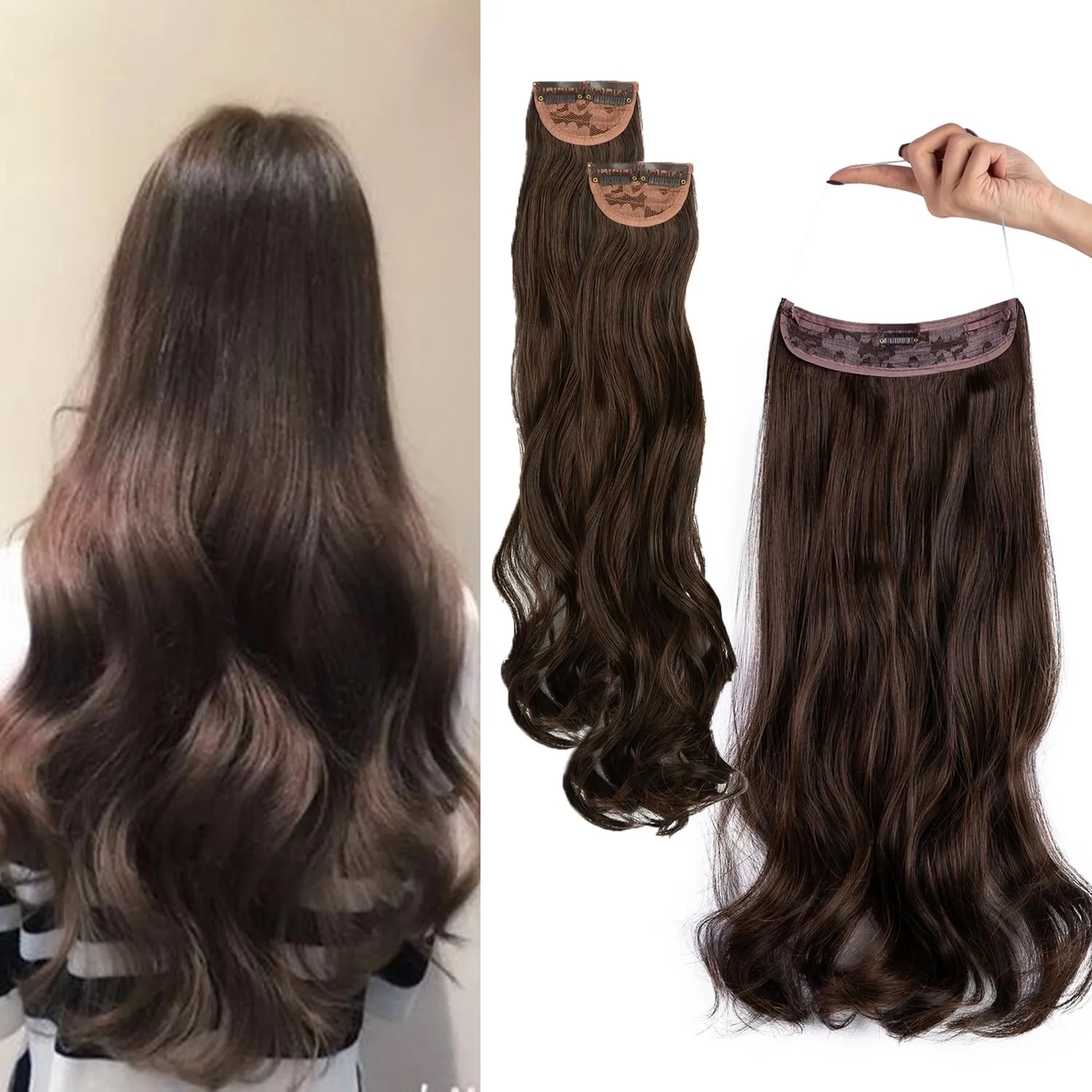 Upgrade Invisible Halo Hair Extensions with 3 PCS Set Headband Adjustable Long Wavy Secret Dark Brown Mix Light Auburn Hair Extensions for Women