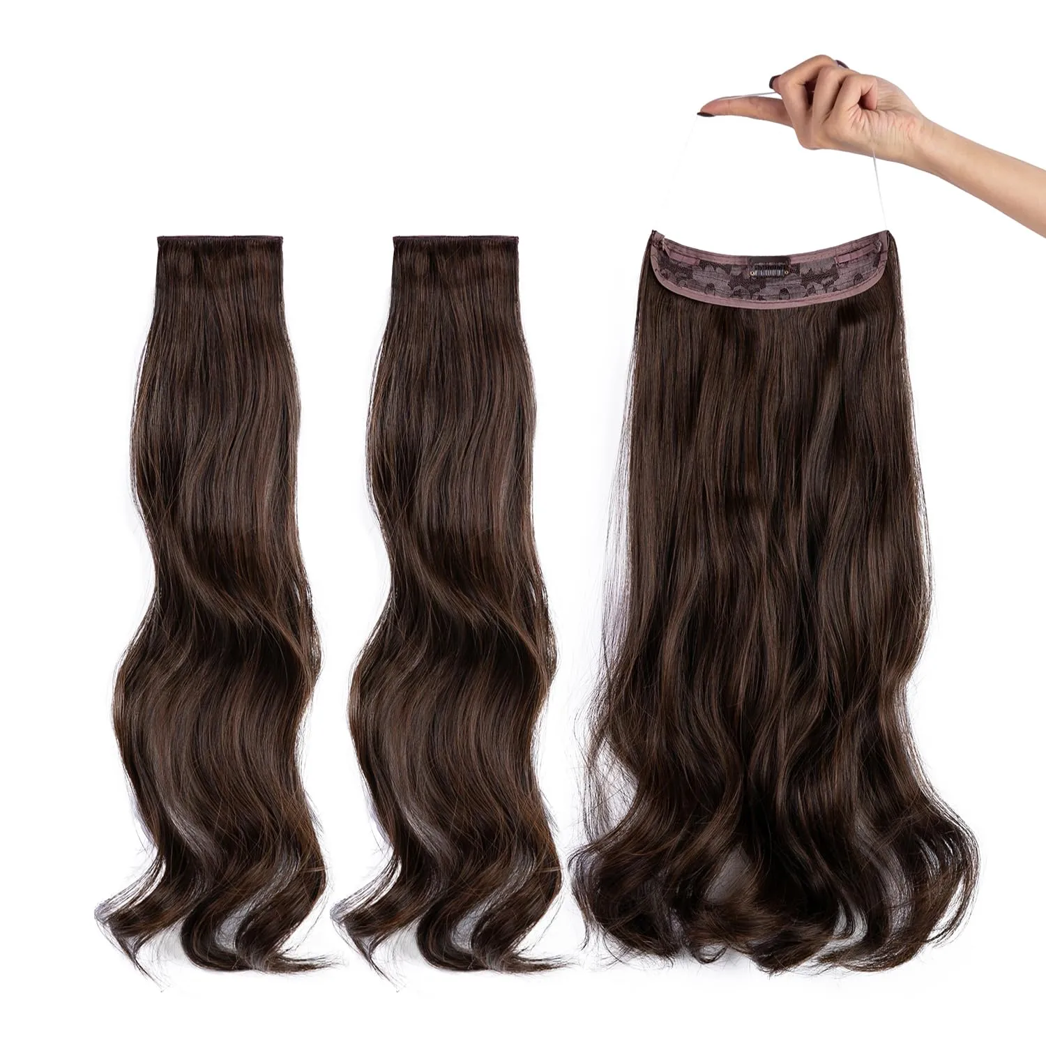 Upgrade Invisible Halo Hair Extensions with 3 PCS Set Headband Adjustable Long Wavy Secret Dark Brown Mix Light Auburn Hair Extensions for Women