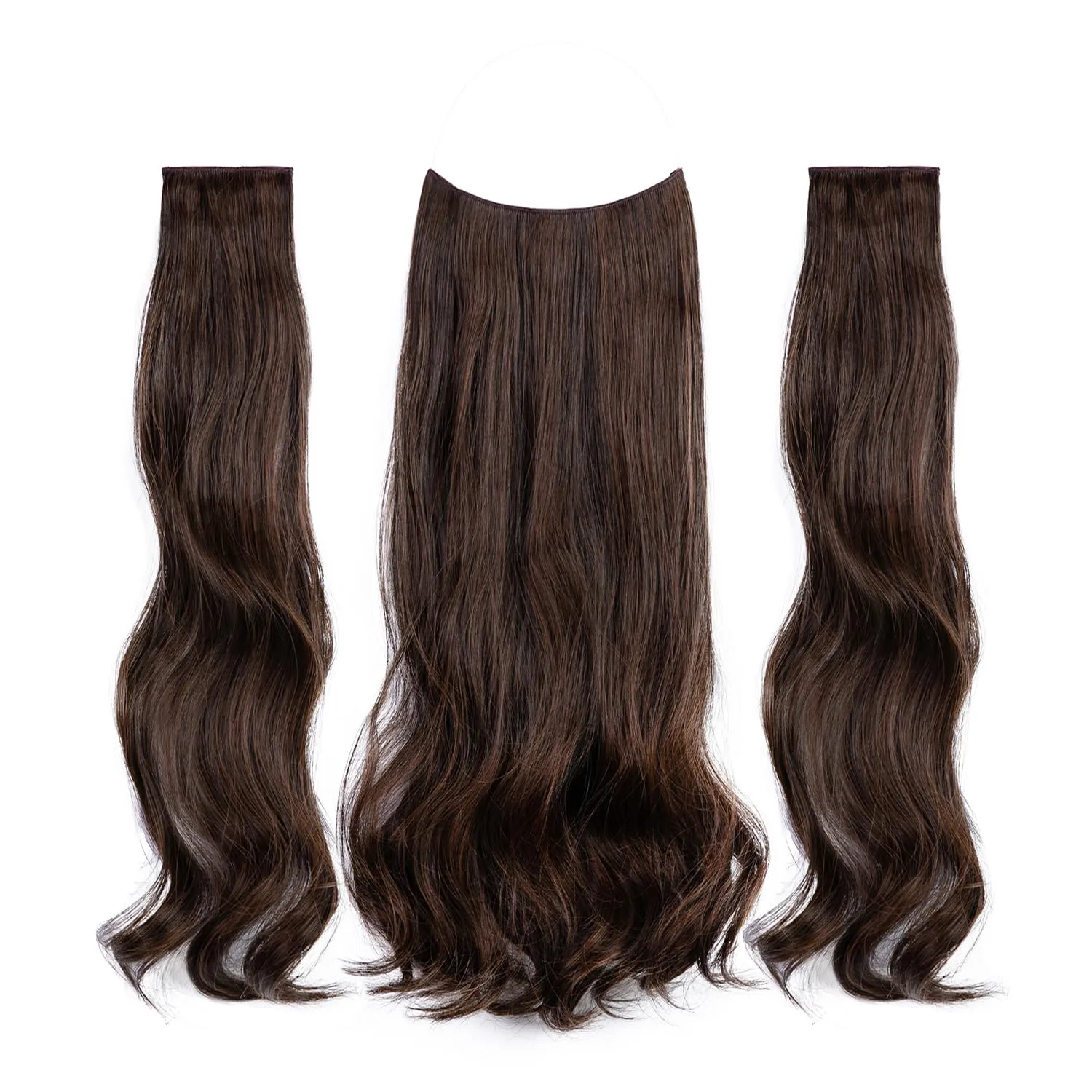 Upgrade Invisible Halo Hair Extensions with 3 PCS Set Headband Adjustable Long Wavy Secret Dark Brown Mix Light Auburn Hair Extensions for Women