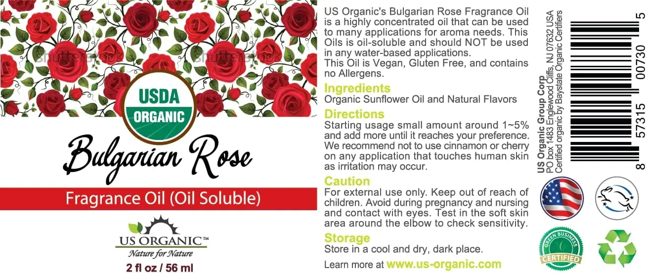 US Organic Bulgarian Rose Fragrance Oil_Oil Soluble_USDA Certified Organic_for Candle, Soap Making, Shampoo, Conditioner, Body Oil, Body Butter, Craft, DIY Projects, and Small Businesses_2 fl oz