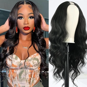 V Part Wig 24inch Long Body Wave Synthetic Wigs for Black Women Black Vpart Wig Upgrade U Part Wig Glueless V Part Wigs Full Head Clip in Half V Wig for Black Women (Black)