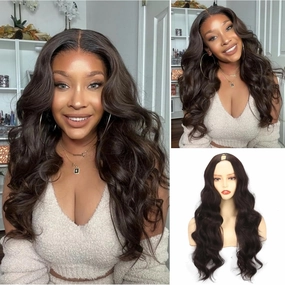 V Part Wig Brown Body Wave Synthetic Wigs for Black Women 24inch Vpart Wig Upgrade U Part Wig Glueless V Part Wigs Full Head Clip in V Wig Brown Half Wigs for Women (Brown)
