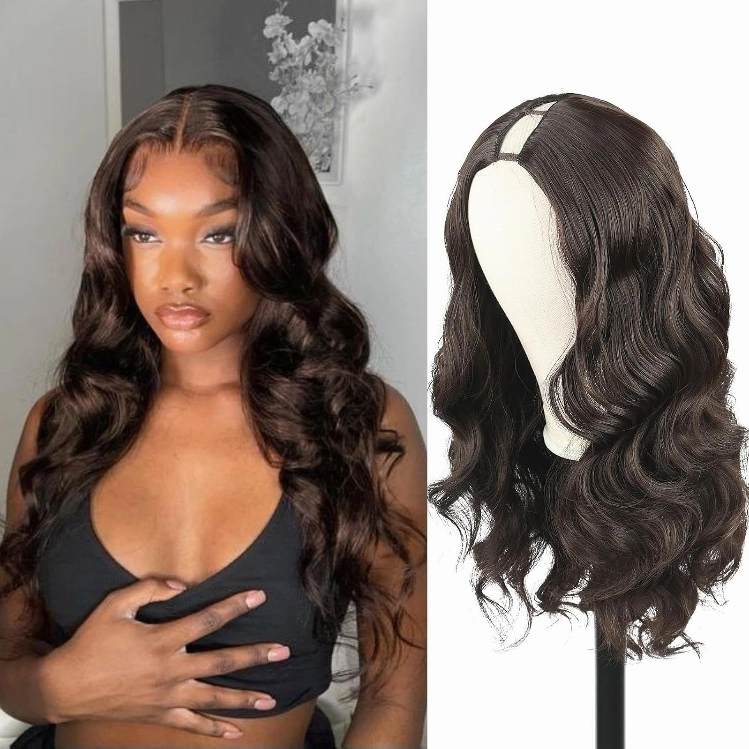 V Part Wig Brown Body Wave Synthetic Wigs for Black Women 24inch Vpart Wig Upgrade U Part Wig Glueless V Part Wigs Full Head Clip in V Wig Brown Half Wigs for Women (Brown)