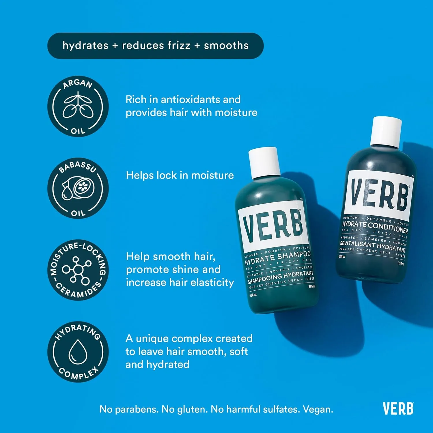 VERB Hydrate Shampoo   Conditioner Duo - Cleanses   Nourishes Dry   Frizzy Hair to Smooth   Reduce Frizz - Amber   Warm Jasmine Scent