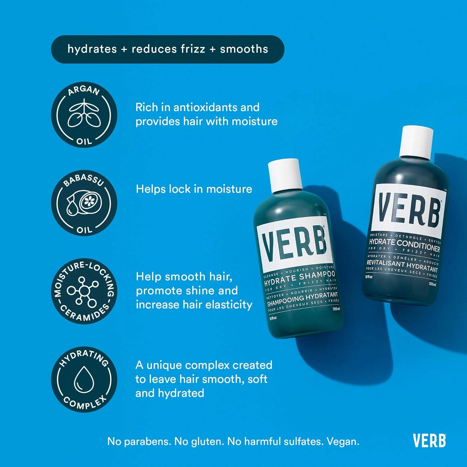 VERB Hydrate Shampoo   Conditioner Duo - Cleanses   Nourishes Dry   Frizzy Hair to Smooth   Reduce Frizz - Amber   Warm Jasmine Scent