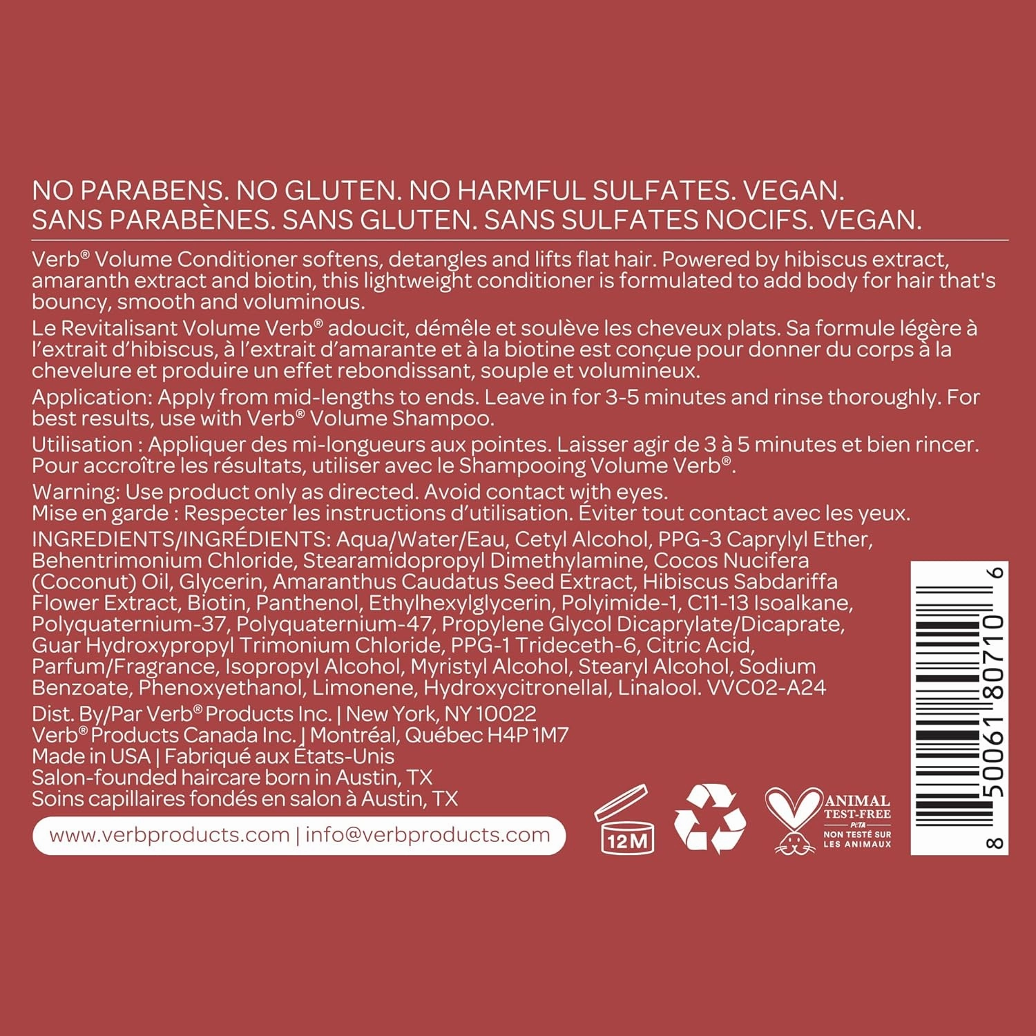 VERB Volume Conditioner - Softens, Detangles   Lifts Flat Hair- Sulfate, Paraben and Gluten Free