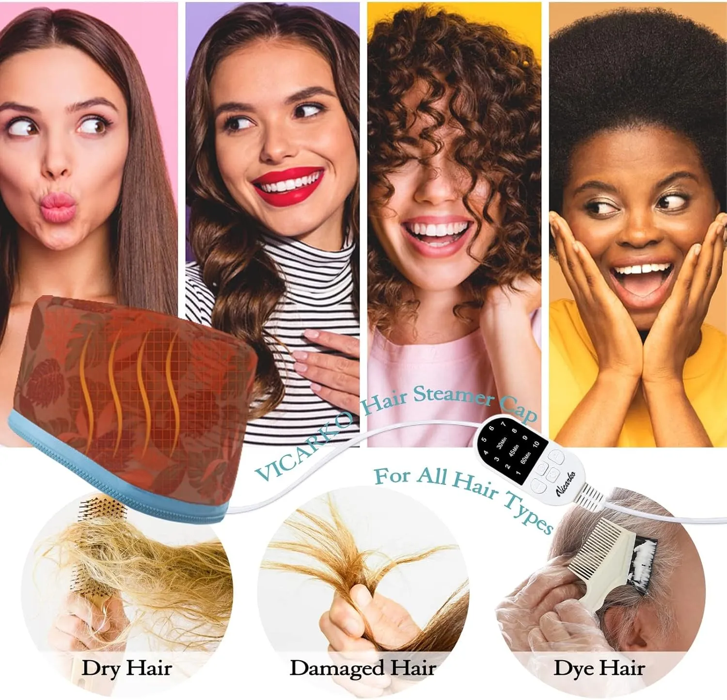 VICARKO Hair Steamer for Deep Conditioning, 10-Level Heats Up Quickly, 118” Power Cord, Heating Cap Hot Oil Treatment Heat, Electric Thermal Heated Steam Natural Black Hair, Hawaii Blue