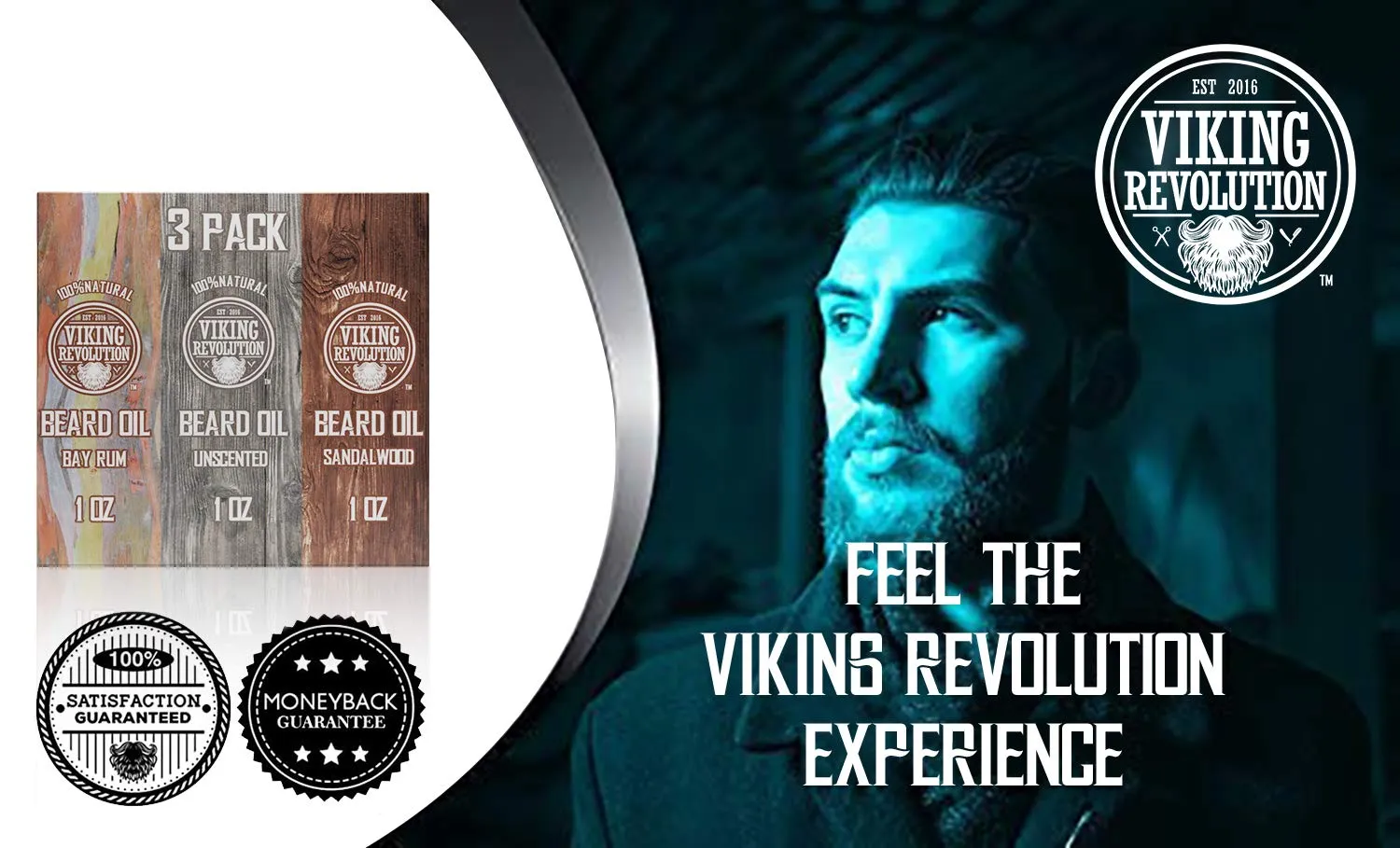 Viking Revolution Beard Oil for Men 3 Pack - Natural Mens Beard Oil Variety Set 2 - Sandalwood, Unscented and Bay Rum Scents - Beard Conditioning and Moisturizing for a Healthy Beard (3 Pack, 1oz)