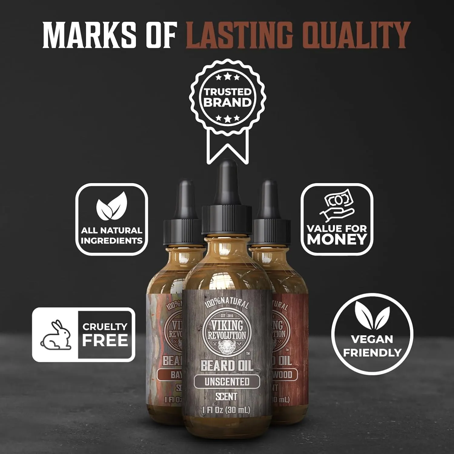 Viking Revolution Beard Oil for Men 3 Pack - Natural Mens Beard Oil Variety Set 2 - Sandalwood, Unscented and Bay Rum Scents - Beard Conditioning and Moisturizing for a Healthy Beard (3 Pack, 1oz)