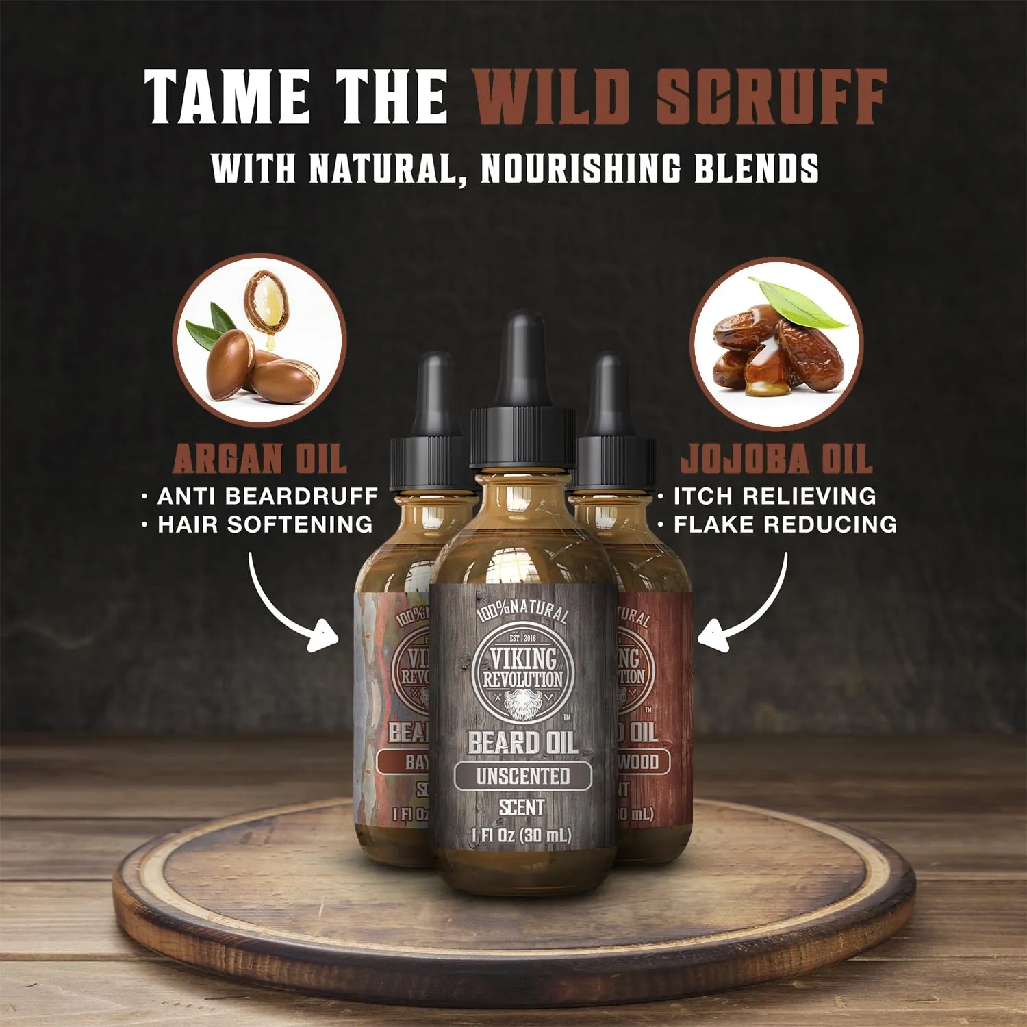Viking Revolution Beard Oil for Men 3 Pack - Natural Mens Beard Oil Variety Set 2 - Sandalwood, Unscented and Bay Rum Scents - Beard Conditioning and Moisturizing for a Healthy Beard (3 Pack, 1oz)