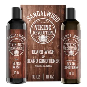 Viking Revolution Beard Wash & Beard Conditioner Set w/Argan & Jojoba Oils - Softens & Strengthens - Natural Sandalwood Scent - Beard Shampoo w/Beard Oil (10oz)