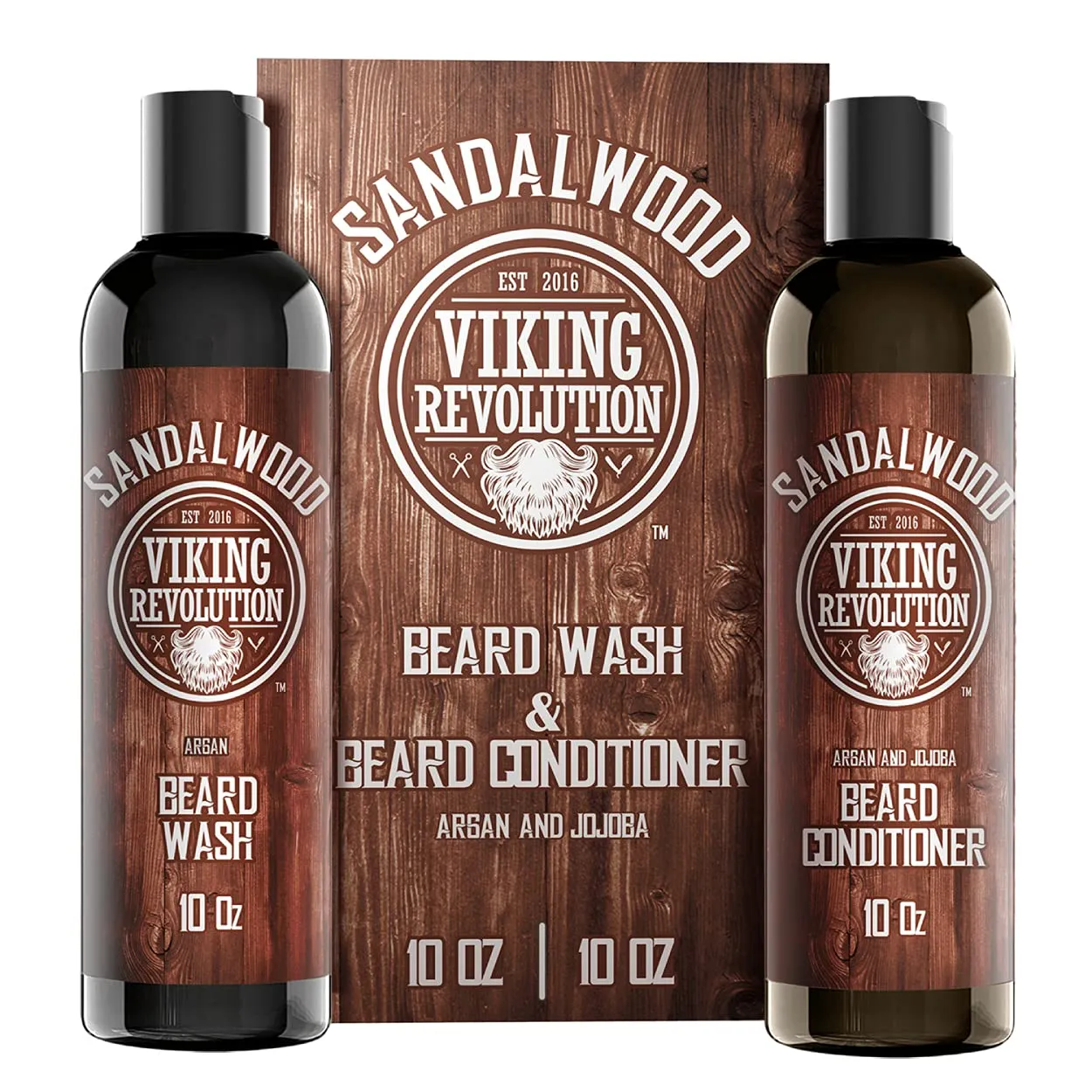Viking Revolution Beard Wash & Beard Conditioner Set w/Argan & Jojoba Oils - Softens & Strengthens - Natural Sandalwood Scent - Beard Shampoo w/Beard Oil (10oz)