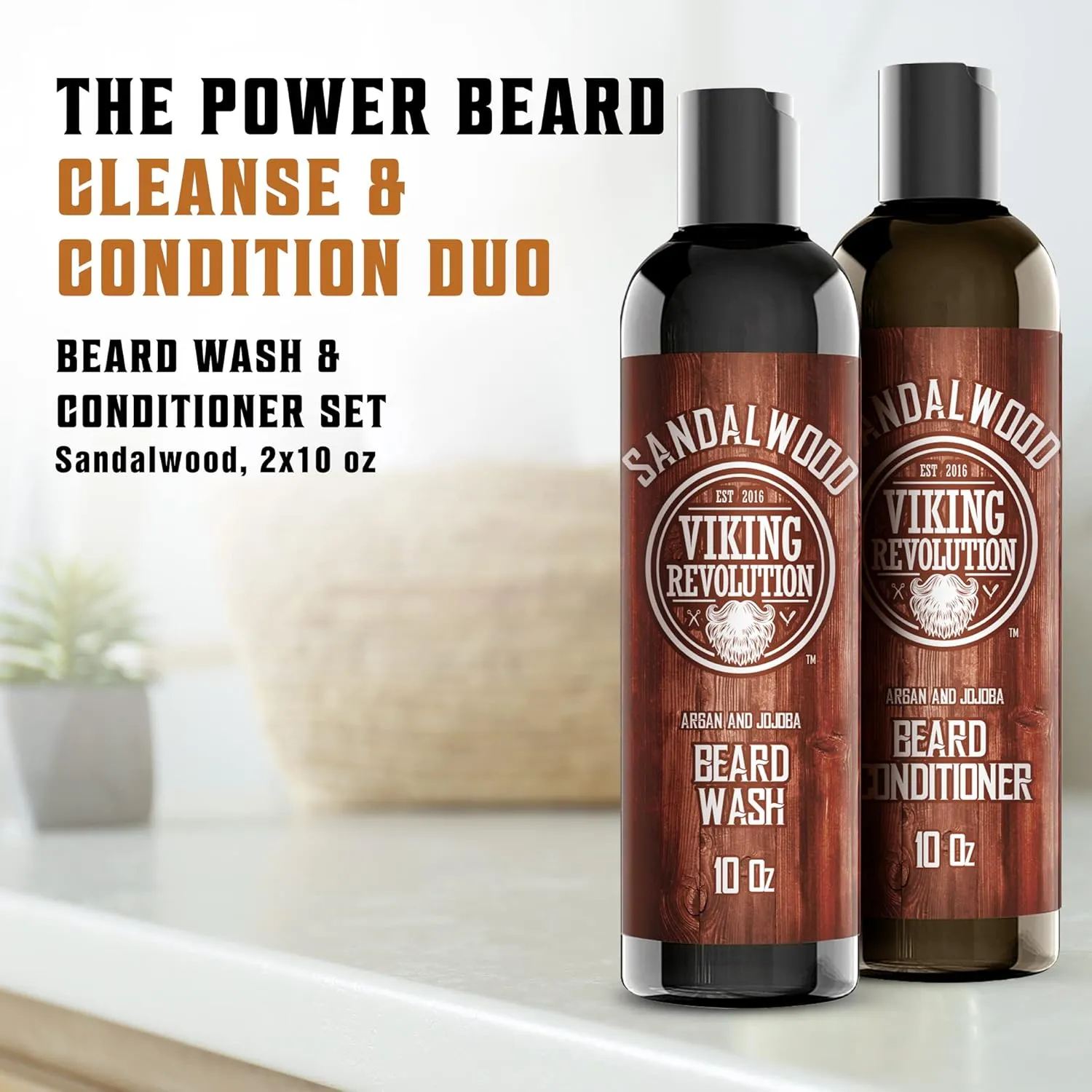 Viking Revolution Beard Wash & Beard Conditioner Set w/Argan & Jojoba Oils - Softens & Strengthens - Natural Sandalwood Scent - Beard Shampoo w/Beard Oil (10oz)