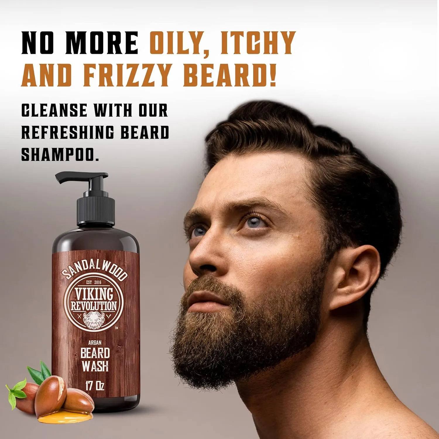 Viking Revolution Beard Wash & Beard Conditioner Set with Argan & Jojoba Oils - Softens and Strengthens - Natural Sandalwood Scent - Beard Shampoo with Beard Oil (17 oz)
