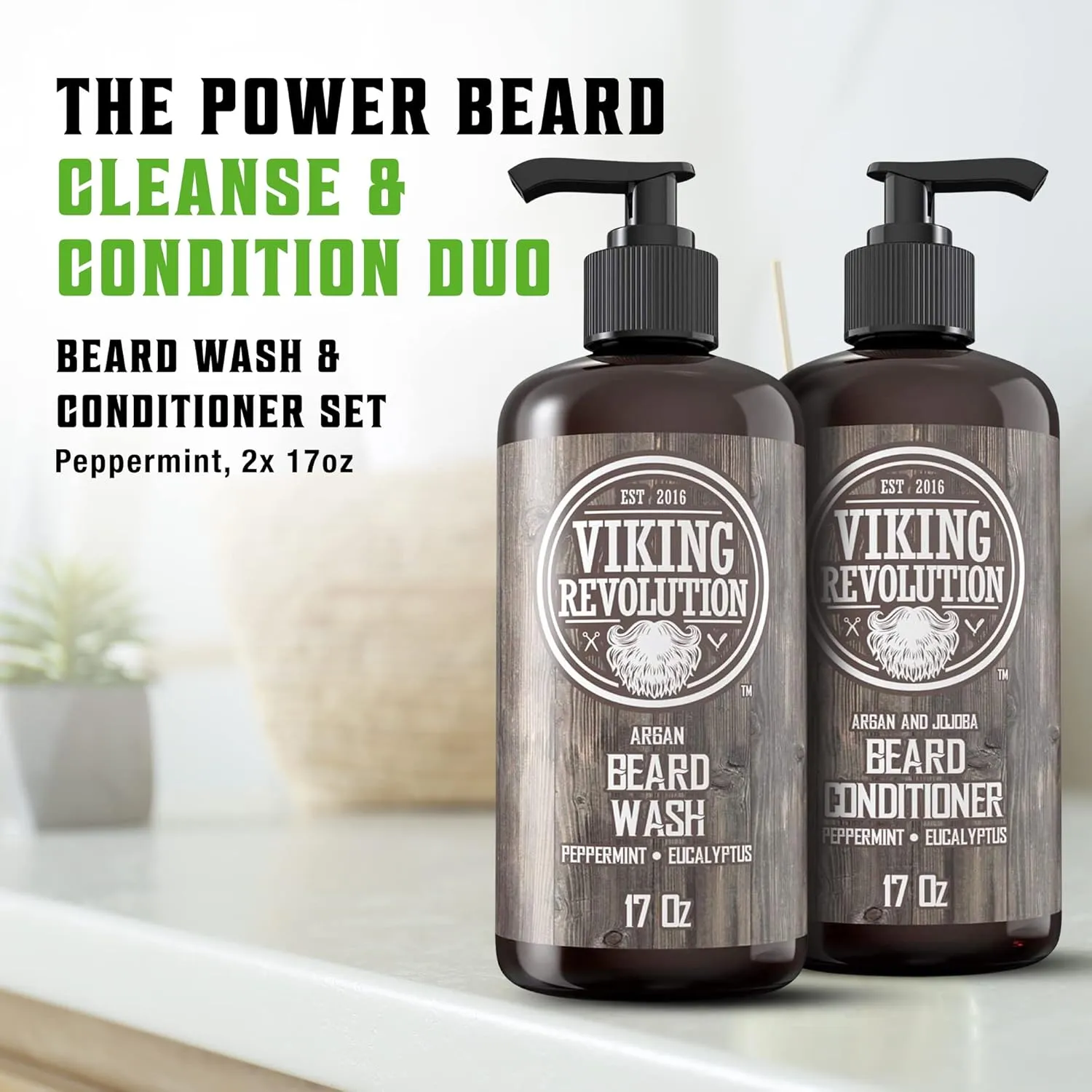 Viking Revolution Beard Wash & Conditioner Set w/Argan & Jojoba Oils – Softens, Smooths & Strengthens Beard Growth - Natural Peppermint and Eucalyptus Scent - Shampoo (17 oz)