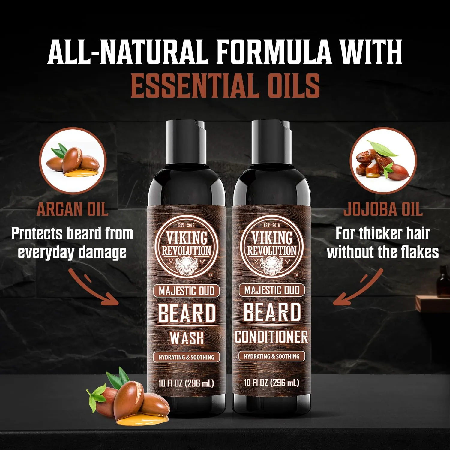 Viking Revolution Beard Wash and Beard Conditioner for Men with Argan Oil and Jojoba Oil - Beard Softener and Strengthener Beard Care Beard Shampoo and Conditioner with Beard Oil (10oz, Majestic Oud)