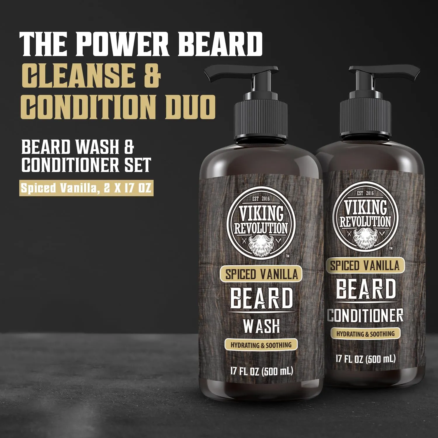 Viking Revolution Beard Wash and Beard Conditioner for Men with Argan Oil and Jojoba Oil - Beard Softener and Strengthener Beard Care Beard Shampoo and Conditioner with Beard Oil (17oz Spiced Vanilla)