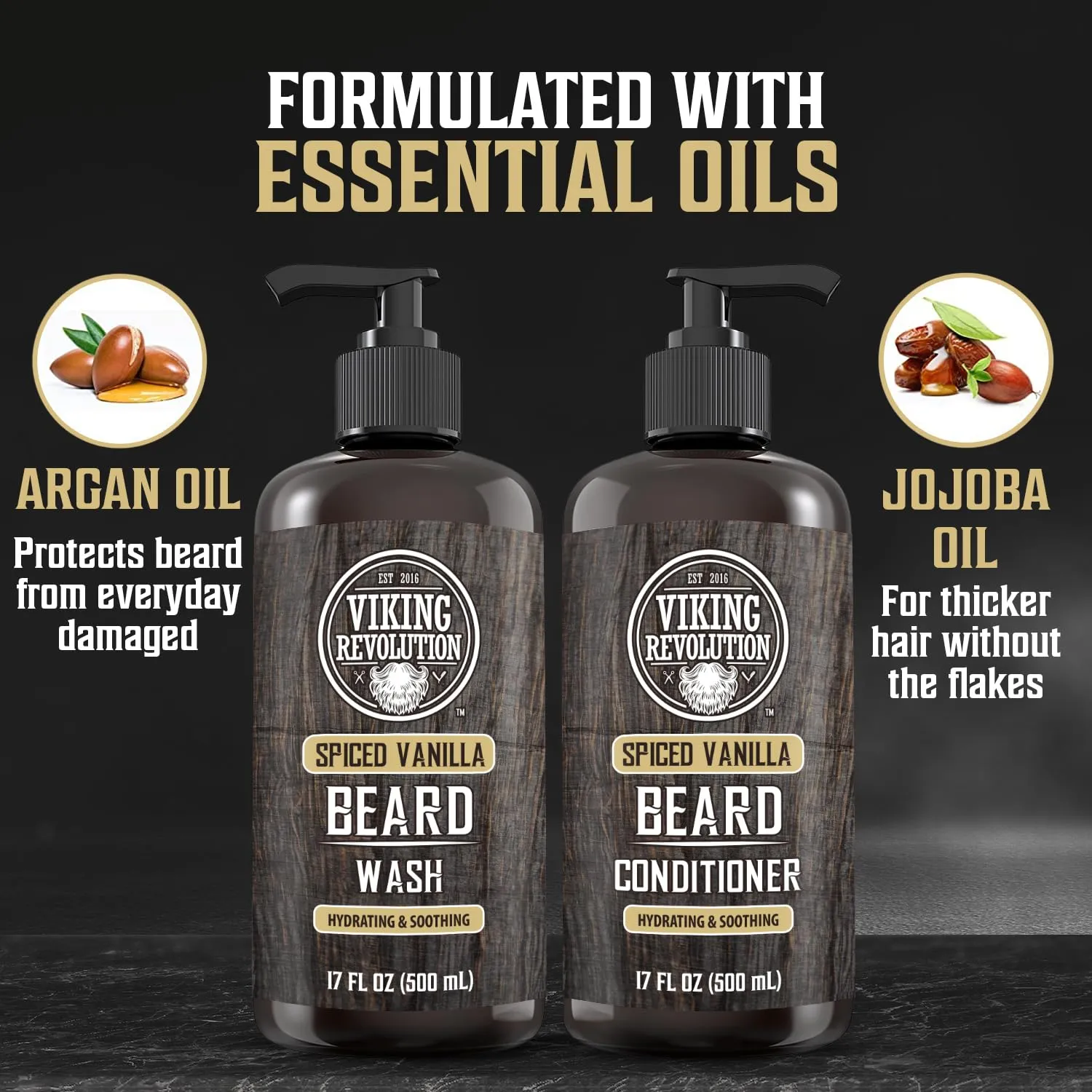 Viking Revolution Beard Wash and Beard Conditioner for Men with Argan Oil and Jojoba Oil - Beard Softener and Strengthener Beard Care Beard Shampoo and Conditioner with Beard Oil (17oz Spiced Vanilla)
