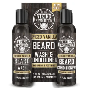 Viking Revolution Beard Wash and Beard Conditioner for Men with Argan Oil and Jojoba Oil - Beard Softener and Strengthener Beard Care Beard Shampoo and Conditioner with Beard Oil (5oz, Spiced Vanilla)