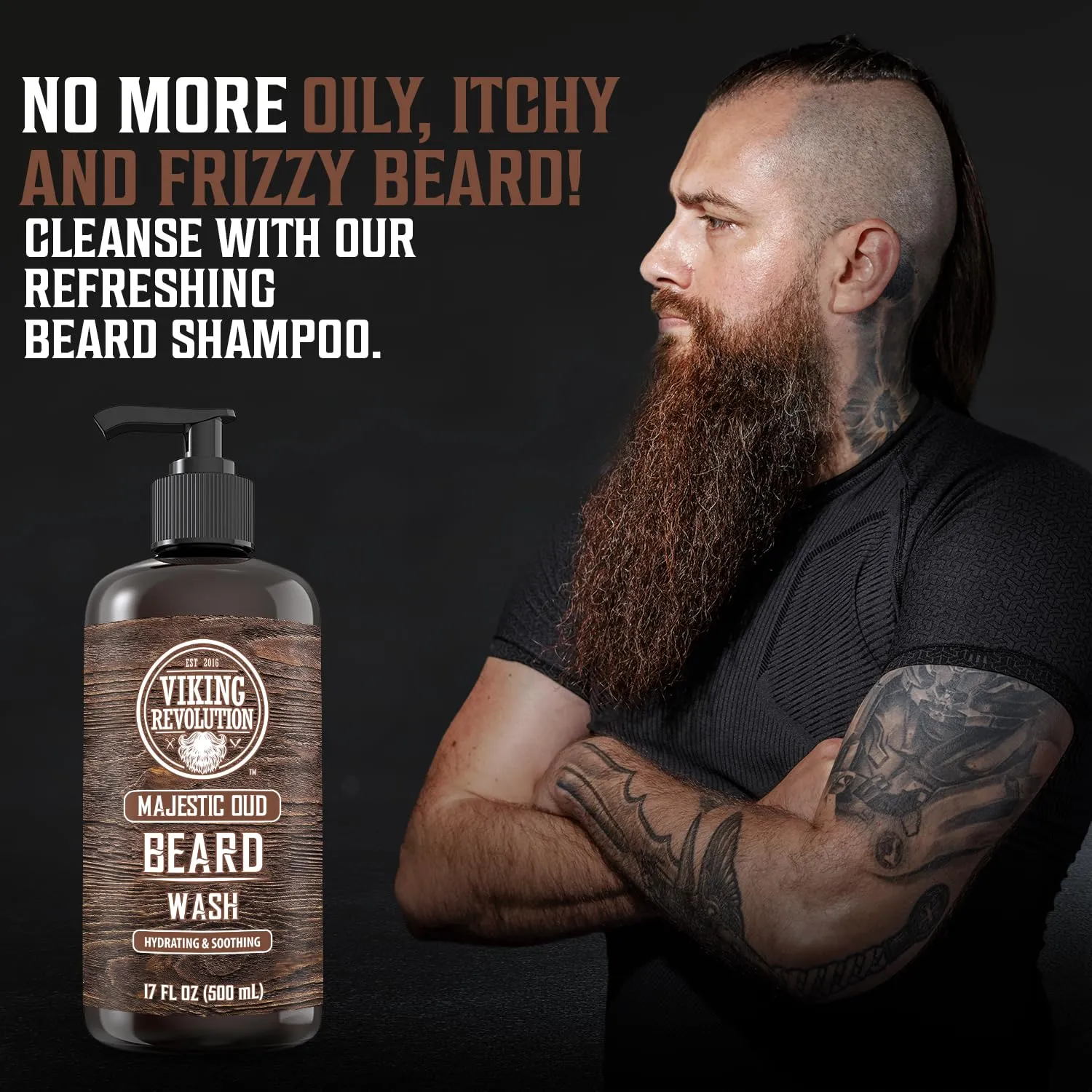 Viking Revolution Majestic Oud Beard Wash for Men with Argan Oil and Jojoba Oil - Beard Softener and Strengthener Beard Shampoo with Beard Oil - Beard Care to avoid Beard Dandruff and Itch (17 oz)