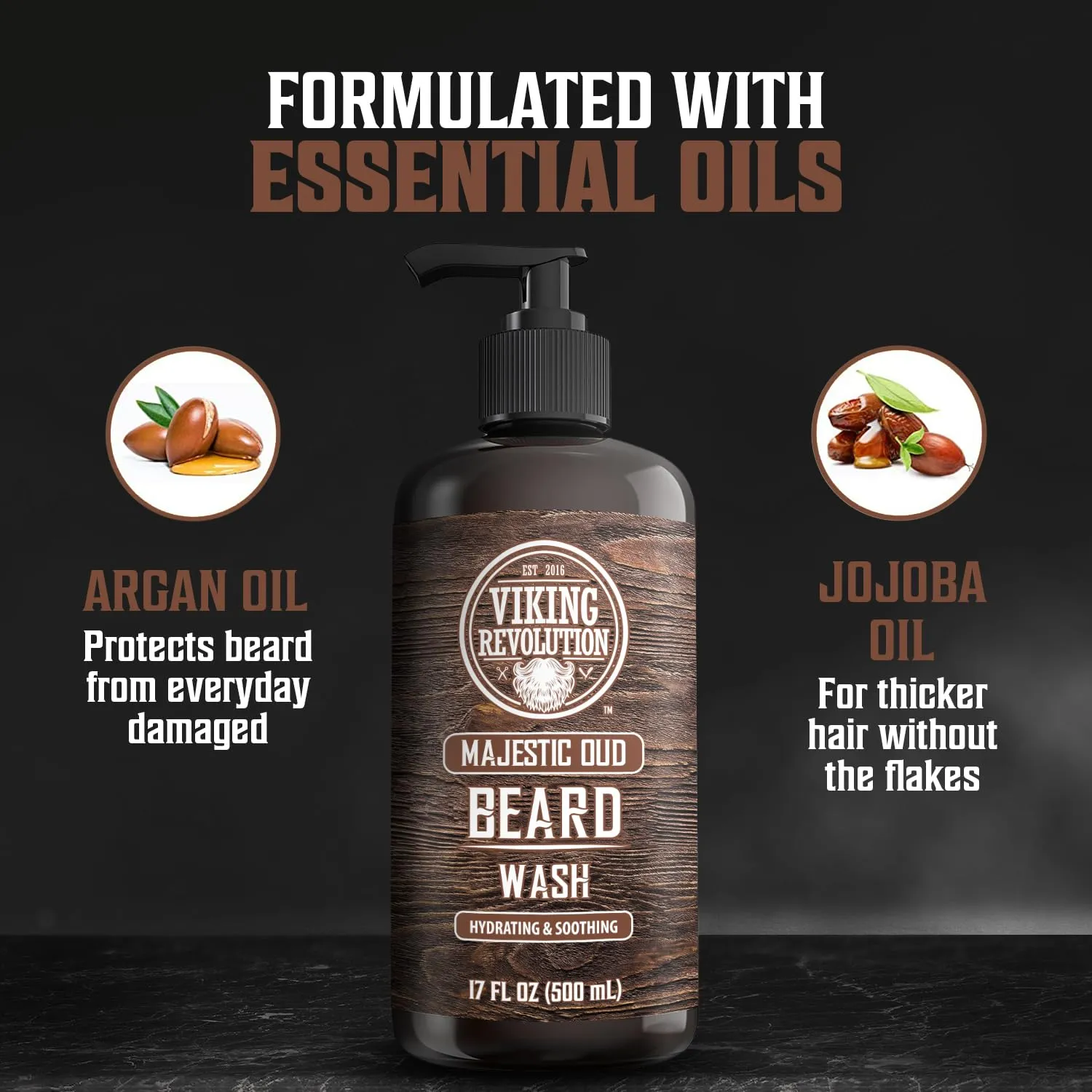 Viking Revolution Majestic Oud Beard Wash for Men with Argan Oil and Jojoba Oil - Beard Softener and Strengthener Beard Shampoo with Beard Oil - Beard Care to avoid Beard Dandruff and Itch (17 oz)