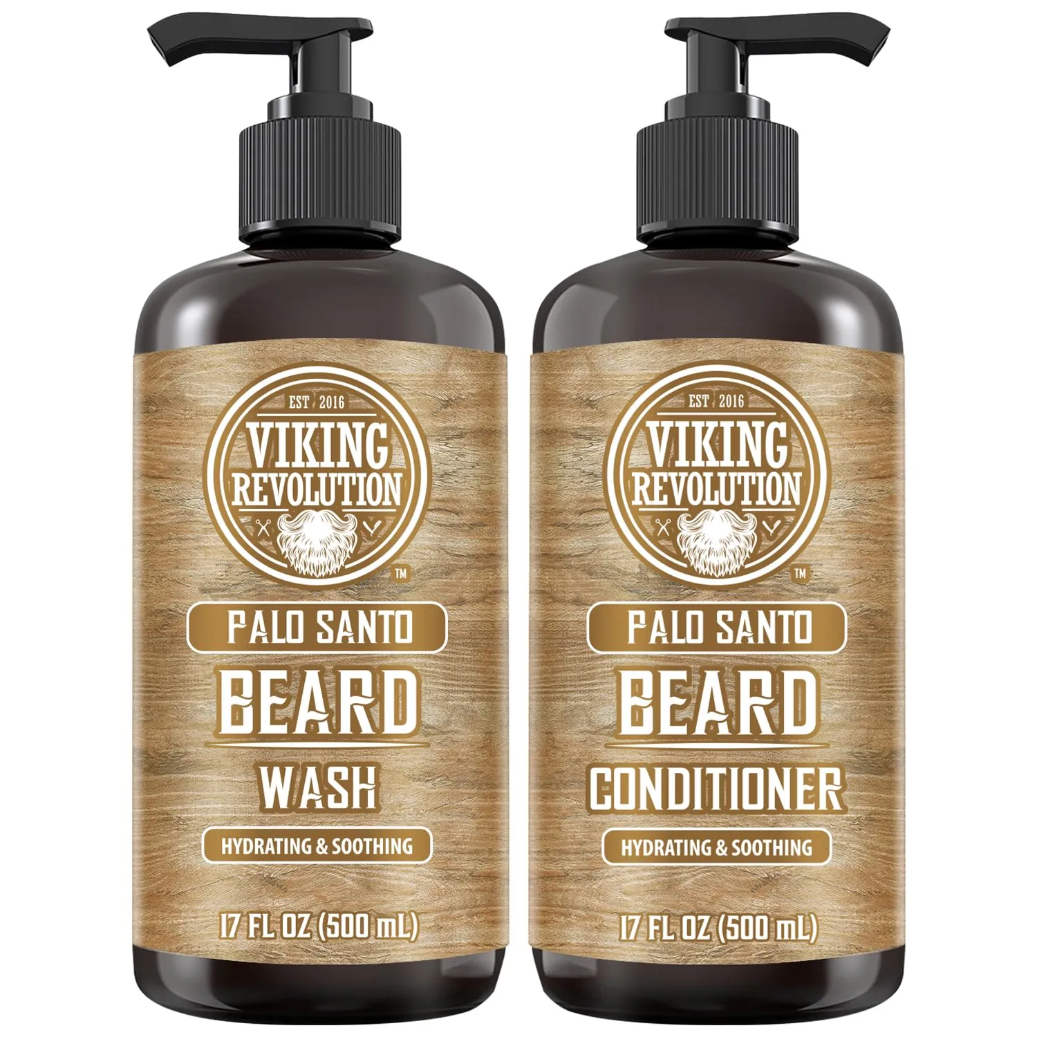 Viking Revolution Palo Santo Beard Wash and Beard Conditioner Set with Argan and Jojoba Oils - Softens and Strengthens - Natural Palo Santo Scent - Beard Shampoo with Ginseng Root Extract (17 oz)