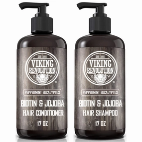 Viking Revolution Biotin Mens Shampoo and Conditioner Set - Eucalyptus Shampoo and Conditioner Set with Jojoba Oil and Mint Oil - Peppermint Oil Hair Conditioner for Men (17 Oz)