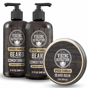 Viking Revolution Spiced Vanilla Beard Balm for Men (2oz) and Beard Wash, Conditioner for Men (17oz each) - Beard Softener, Moisturizer With Argan, Jojoba Oil