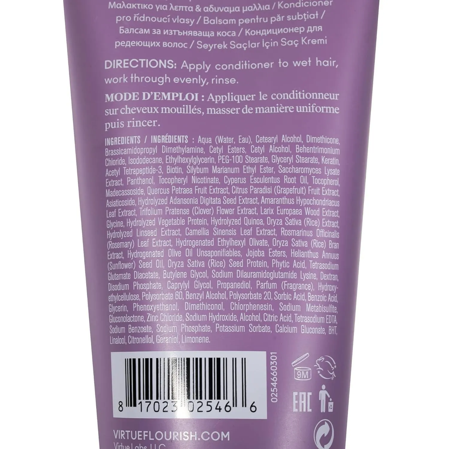VIRTUE Flourish Conditioner for Fine or Thinning Hair, Sulfate Free Hair Growth Product, Detangles and Thickens, Color Safe